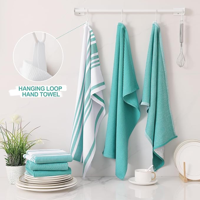 Homaxy Cotton 380 GSM Premium Kitchen Towels, 18"x 28", 3 Pack, Teal | Soft and Absorbent Terry Dish Towels, Multipurpose Tea Towel Set with Hanging Loop, 3 Styles Kitchen Hand Towels - Image 3