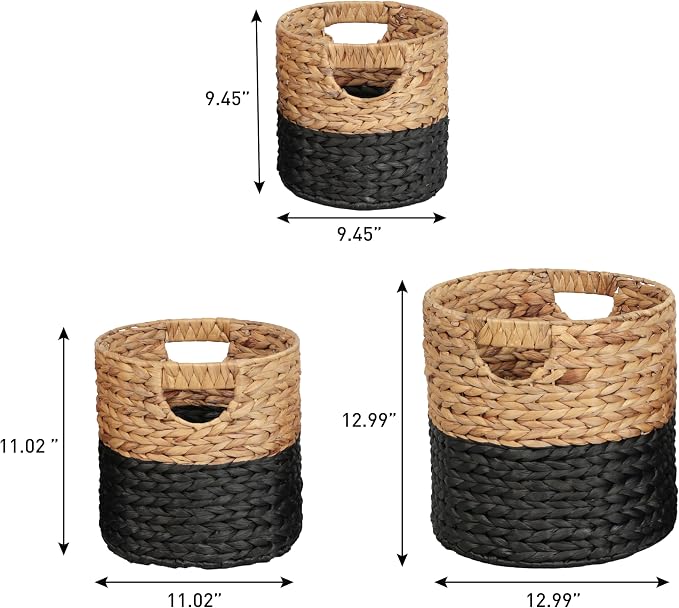 happimess Avery 3-Piece Cylinder Nesting Baskets 13", Black/Natural | Hyacinth, Bohemian Cottage Style, Handwoven Wicker, Iron Metal Frame, Decorative Storage For Toys And Books, Built In Handles - Image 3