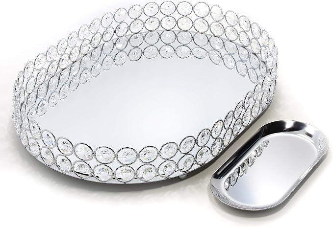 Crystal Vanity Tray Decorative Mirrored Dresser Perfume Trays for Makeup Cosmetic Storage Jewelry Trinket Storage Organizer for Bathroom Countertop Home Décor (Oval, 14x10in, Silver) by Lindlemann
