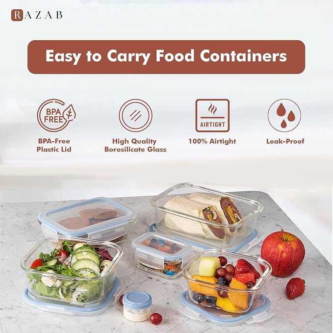 Razab 35 Pc Set Glass Food Storage Containers with Lids - Meal Prep Airtight Bento Boxes BPA-Free 100% Leak Proof (15 lids,15 glass & 5 Plastic Sauce/Dip Containers) - Image 7