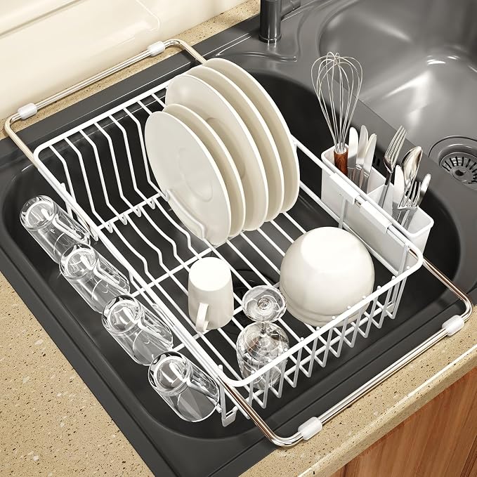 White Dish Drying Rack Over The Sink with Utensil Holder | Expandable Stainless Steel Dish Drainer for Small Kitchen, Apartment, RV, Counter Space Saving, Perfect Fit, Rustproof by MAJALiS