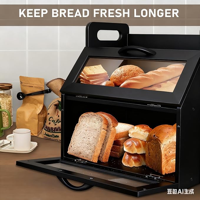 BAMBANG Bread Box for Kitchen Countertop, Extra Large Double Layer Bamboo Breadbox with Clear Window, Farmhouse Wooden Bread Storage Container for Homemade Bread, Knife & Cutting Board Holder, Black - Image 7