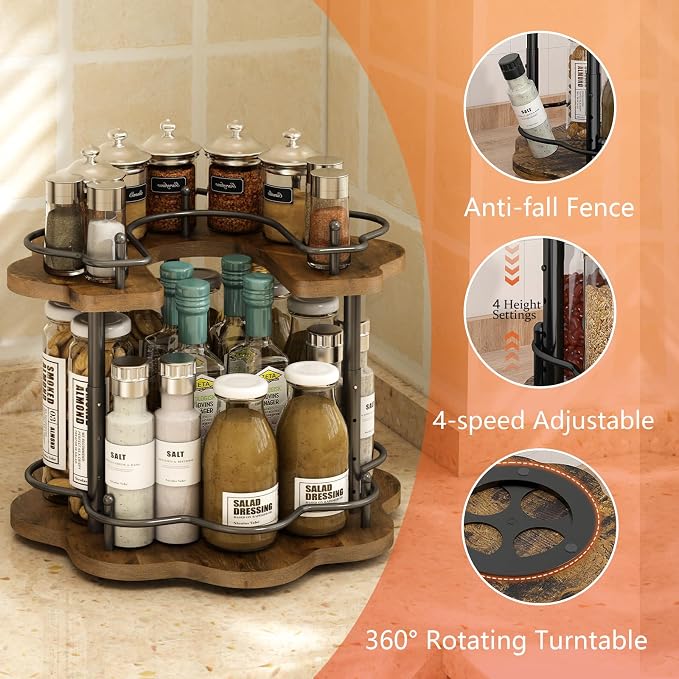 2 Tier Lazy Susan Organizer,2-Tier Spinning Spice Rack with Stable Carousel Base & 4 Height Settings for Cupboard Kitchen Countertop Dining Table Cupboard (Petal Shape) - Image 5