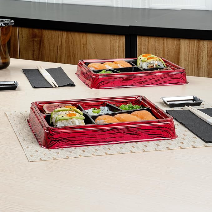 Restaurantware-Bento Tek 18.3 Ounce Meal Prep Containers, 50 Disposable To Go Food Boxes - Lids Sold Separately, 5 Compartments, Red And Black Plastic Bento Lunch Boxes, Freezable, For Take Out - Image 6