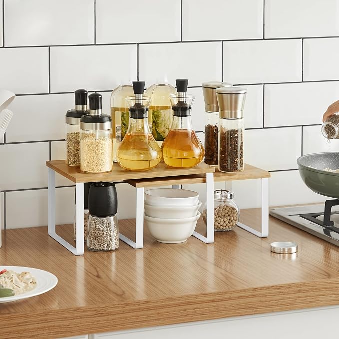 SONGMICS Kitchen Counter Organizers and Cabinet Shelves Bundle, Set of 4 Expandable Kitchen Cabinet Shelves, Metal and Bamboo, Black, Natural, and White UKCS02NB and UKCS02NW - Image 4