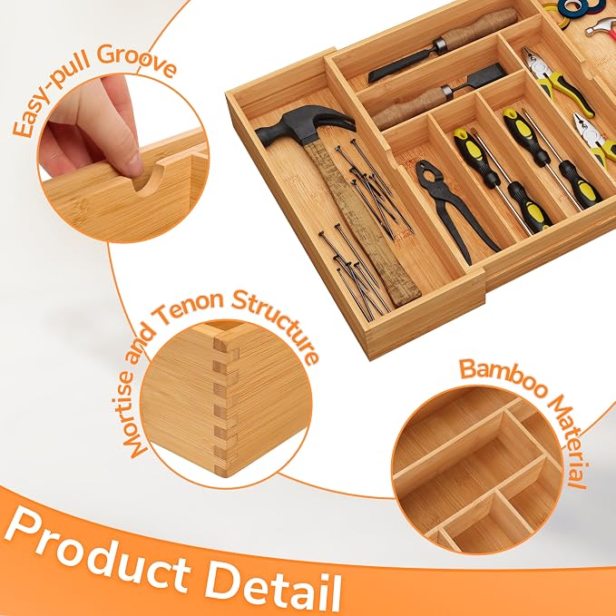 BAMEOS 3" Deepth Expandable Drawer Organizer, Deep Flatware Organizer, Adjustable Silverware Organizer, Bamboo Drawer Organizer for Kitchen, Bathroom (Natural) - Image 8