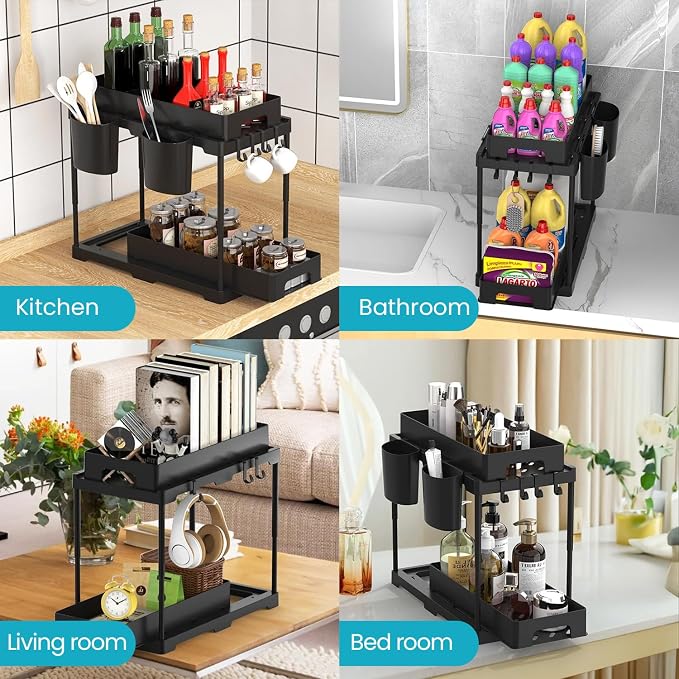 Pack of 2-Under Sink Organizer, Multi-Purpose Under Cabinet Storage with Hooks Hanging Cups, Heavy Load pull-out 2-Tier Under Sink Storage Organizer and Large Capacity Bathroom Cabinet (Black) - Image 3