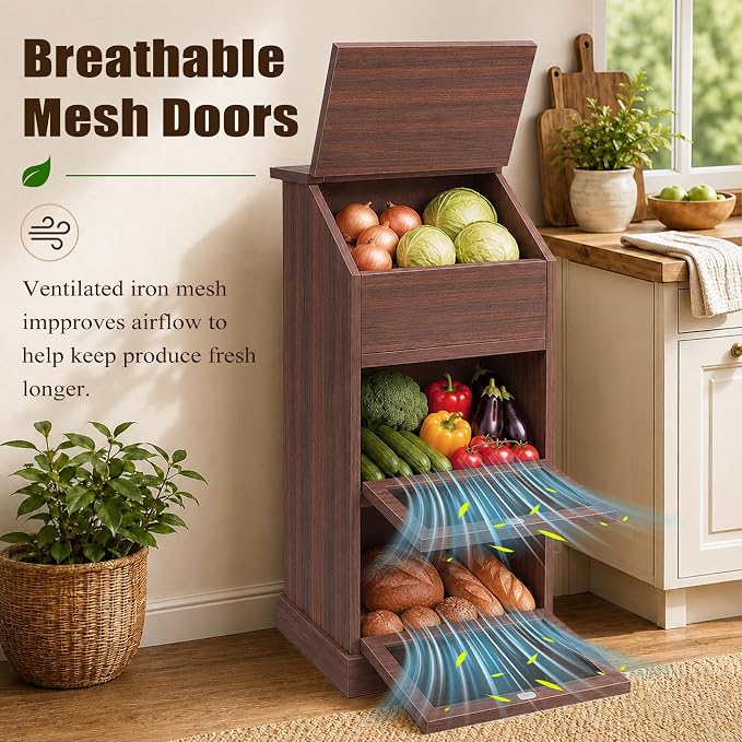 Potato and Onion Storage Bin with Lid, 3-Tier Vegetable Storage, Wooden Rustic Bread Box Cabinet for Fruit and Vegetable, Food Storage Containers Cabinet for Kitchen Pantry(Walnut) - Image 4