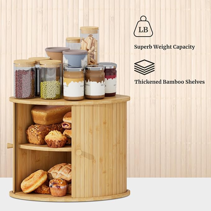 Corner Bread Box for Kitchen Countertop, Solid Bamboo Wood Bread Box, Two Layer Wooden Bread Storage Capacity - Image 7