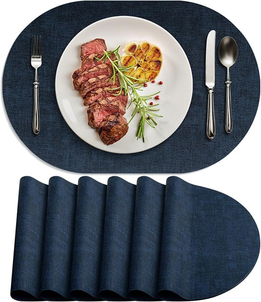Placemats Set of 6-17" x 11.8" Waterproof & Heat Resistant Oval Place Mats, Wipeable Washable Double Layer Faux Leather Table Mats, Dark Blue by Delicateandelegantplacemats