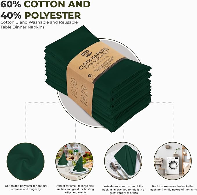 Utopia Kitchen Cotton Blend Hunter Green Cloth Napkins [12 Pack,18x18 Inch] | Absorbent Washable and Reusable for Dinner, Restaurant, Lunch, Wedding and Hotel - Image 4