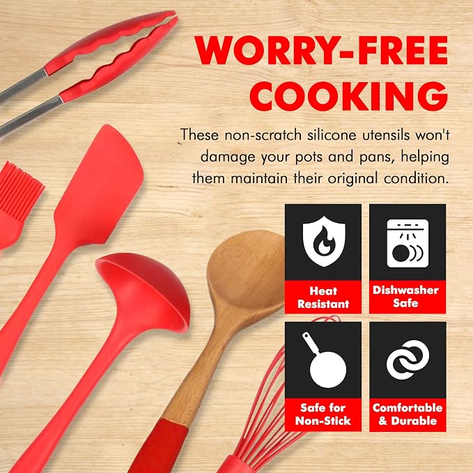 Chef Craft Premium Silicone Kitchen Tool and Utensil Set, 11 Piece Set, Red - Image 3