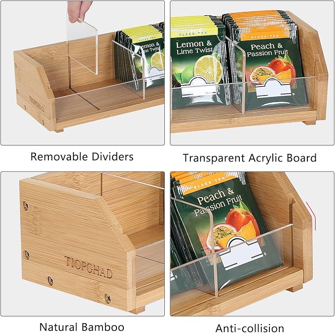 Small Bamboo Tea Bag Organizer, Tea Box Storage Holder, Natural | Holds 60 tea bags, Removable Compartments, Acrylic Dividers, Wood, for Cabinet, Countertop, Office, Drawer, K cups, coffee - Image 3