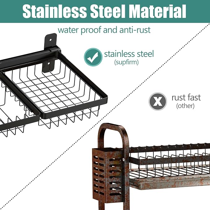 Adjustable Stainless Steel Wall Mounted Over the Sink Dish Drying Rack, Large Capacity Pot Rack Dish Rack with Utensil Holder for Kitchen Storage Organizer Patent Pending (Black) - Image 4