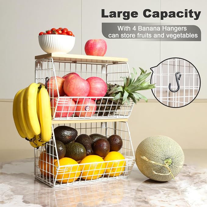 Mefirt Fruit Basket, 2-Tier Fruit Bowl for Kitchen Counter, Stackable Wall Mounted Fruit Storage, Snack Organizer, Potato and Onion Storage Basket, Hanging Pantry Storage with Wood Lid, 2 Set, White - Image 3