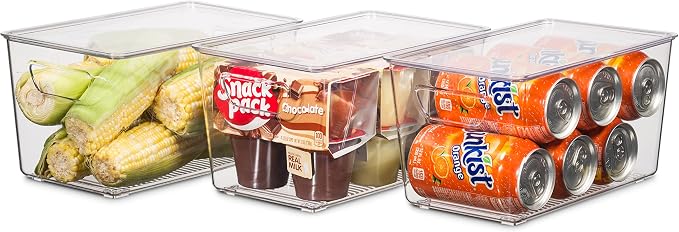 Set Of 12 Refrigerator Organizer Bins with Lids - Plastic Pantry Organization and Storage Baskets - Stackable Food Fridge Organizers with Cutout Handles for Freezer, Kitchen, Countertops, Cabinets - Image 5