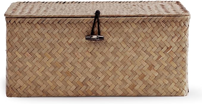 Nonam Small Basket with Lid, Natural Seagrass Bin with Lid, Shelf Baskets Multipurpose Container for Boho Decoration, Rectangular Household Storage Boxes for Home Organization-Coffee - Image 2