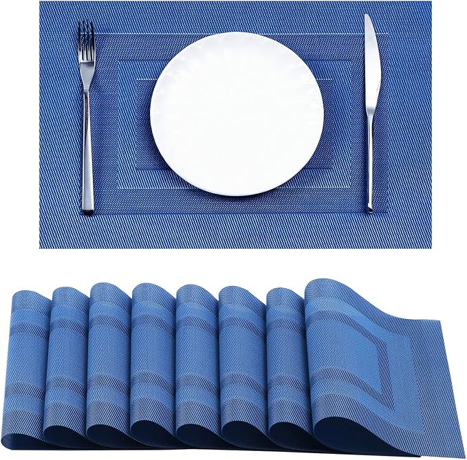Leetaltree Blue Frame Placemats Set of 8 - Heat Resistant Non-Slip Place mats for Dining Table, Washable Durable PVC Vinyl Woven Table Mats（Blue Frame, 8） by Leetaltree-ArtatEveryTable