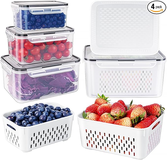 Fruit Storage Containers for Fridge with Removable Colander, Airtight Food Storage Container, Dishwasher Safe Produce Saver for Refrigerator, Keep Berry Fruit Fresh Longer 4 pcs Small Clear | Airtight Food Storage Container Dishwasher Safe Produce Save... by Freshmage