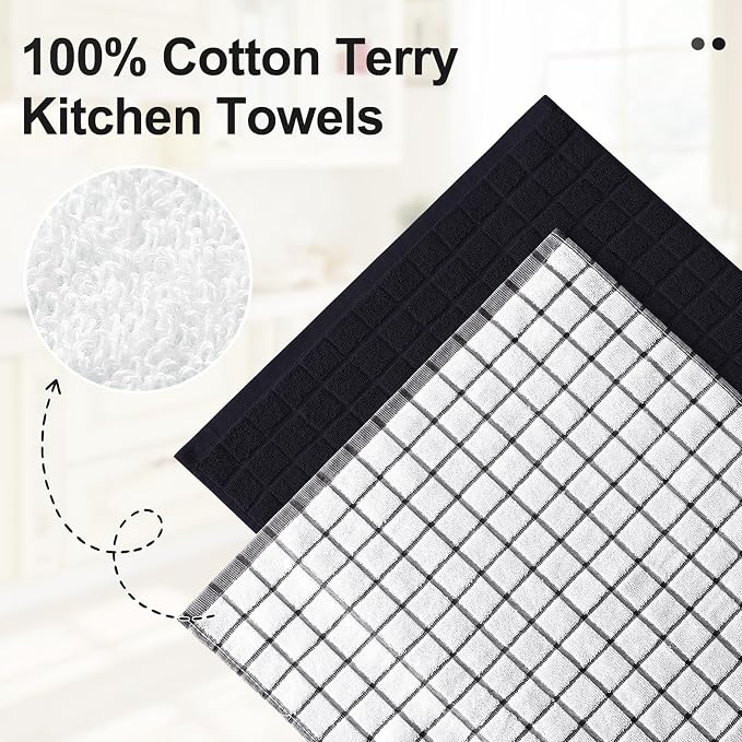 Homaxy Large Premium Cotton Kitchen Towels 16"x 28", 8 Pack, Black | Natural Ring Spun 390 GSM Dish Towels, Super Absorbent Terry Kitchen Hand Towels, Soft Tea Towels with Hanging Loop - Image 2