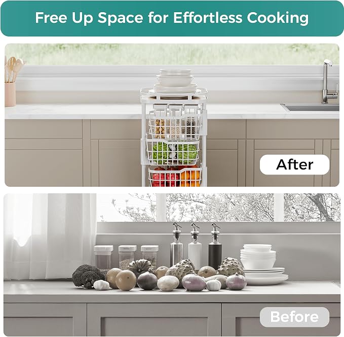 5 Tier Rotating Kitchen Storage Cart, Fruit Vegetable Potato Rack Stand | Patented Swivel Part Spin Smoothly Even Full. Rustproof. One-Piece Wire Bin Prevent Sagging. Keep Onion, Veggie, Spices Fresh - Image 8