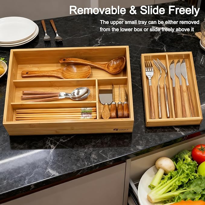 2-Tier Drawer Organizer with Removable Cutlery Tray Kitchen Utensil Silverware Drawer Organizer, Silverware Tray for Drawer Utensil Holder Bamboo Flatware Box for Utensils Stationery Cosmetics (M) - Image 2