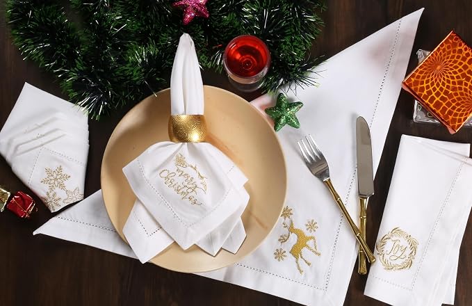 Bedding Craft Cotton Cloth Dinner Napkins Set of 12 – 18x18 White with Gold Embroidery – Reusable Machine Washable Fabric Napkins for Weddings, Parties & Everyday Dining - Image 6