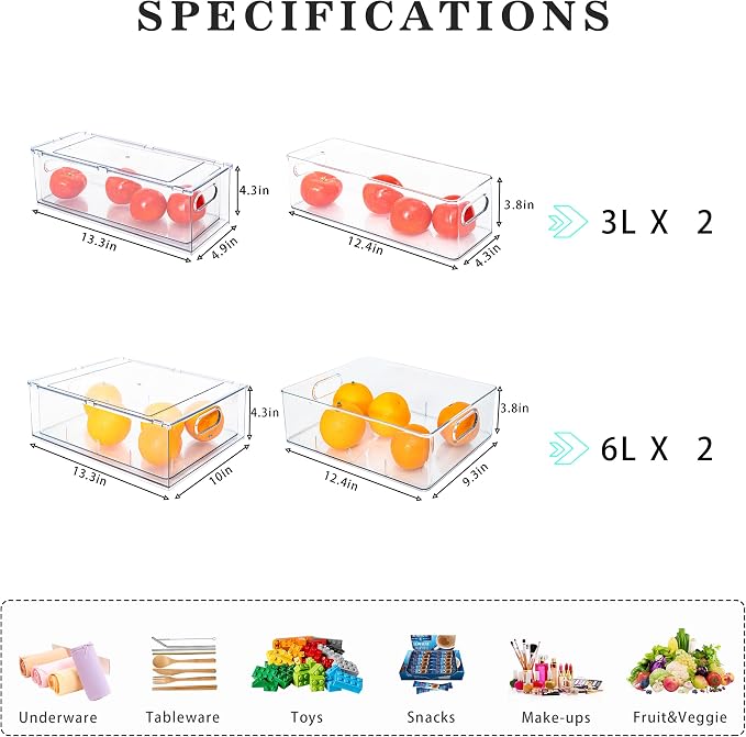 Mano Fridge Drawer Pull Out Stackable Bins with Handle Clear Refrigerator Drawers Organizer Food Storage Container Box with Dividers Plastic Produce Saver for Pantry, Cabinet, Kitchen, Clothes（4Pack） - Image 6