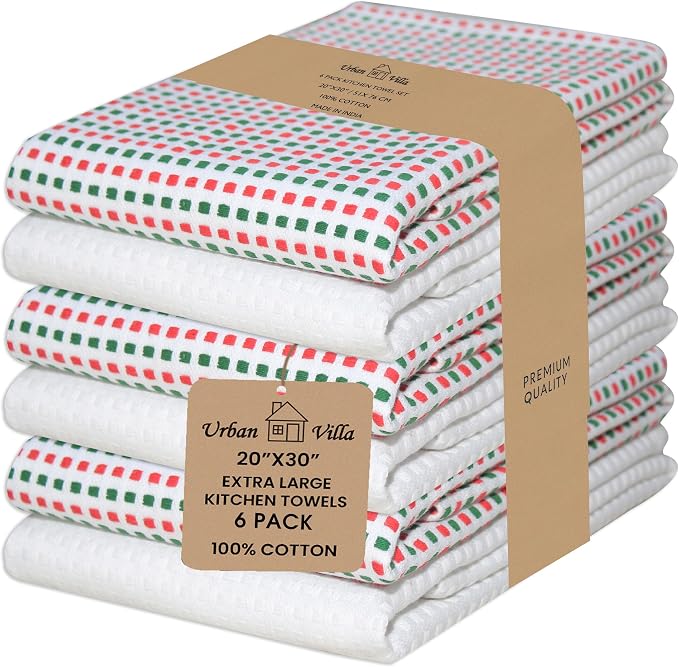Urban Villa Kitchen Towels Cotton Dish Towels 20”x30” (Set of 6)Red/Grn/Wht by CottonTrends