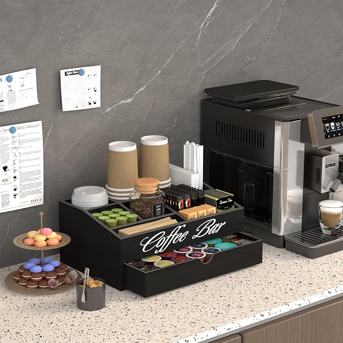 Suli 2-Tier Coffee Bar Station Organizer for Countertop,Extra large | Coffee Storage Basket for Kitchen Counter,Office,Hotel,Pod Holder with Drawer for Condiment Syrup,Tea Cup,Wooden,Rustic Black - Image 5