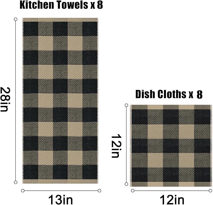 Homaxy Kitchen Towels and Dishcloths Set, Set of 16, Black & Tan | Bulk Cotton Waffle Weave Check Plaid Kitchen Towels, Super Soft and Absorbent Dish Cloths, 12 x 12 and 13 x 28 Inches - Image 4