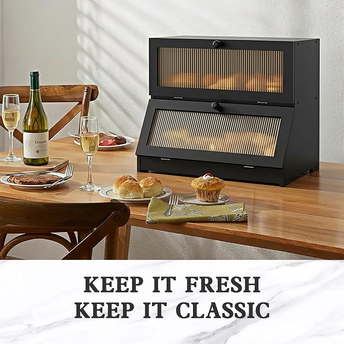 LOHASOK Bread Box for Kitchen Countertop,Black | 2-layer, Bamboo, Large, Farmhouse Bread Container Holder Storage, Acrylic translucent window - Image 2