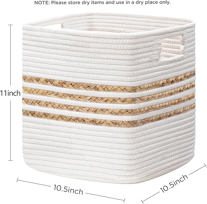 UBBCARE Set of 4 Storage Cubes 11 X 10.5 X 10.5 in, Water Hyacinth Storage Bins for shelves, Toys, Book, Storage Baskets with Handles, Cotton Rope Woven Baskets for Organizing, White - Image 2