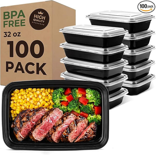 Glotoch Express Meal Prep Containers with Lids 32oz 100 Pack (200 Piece) | Reusable Sturdy Food Containers Leakproof Airtight Microwave Freezer Safe Plastic Bento Lunch Boxes for To Go Takeout by GlotochExpress