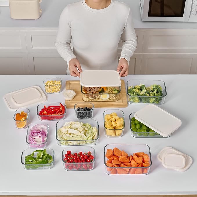 Glass Food Storage Containers with Lids — 12 Piece — 24.4 oz Glass with BPA-Free Leakproof Stackable Lids — Microwave, Oven & Dishwasher Safe — Ideal for Meal Prep & More - Vanilla Mist - Image 6