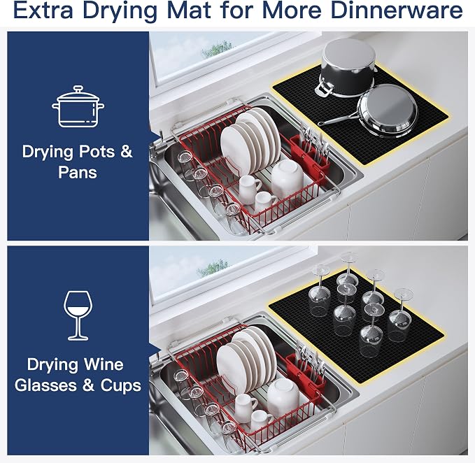 JASIWAY Red Dish Drying Rack in Sink with Mat, Cups and Utensil Holder | Use Over the Sink or Counter, Stainless Steel Expandable Dish Drainer for Small Kitchen, Space Saving, Fast Drain, Rustproof - Image 3