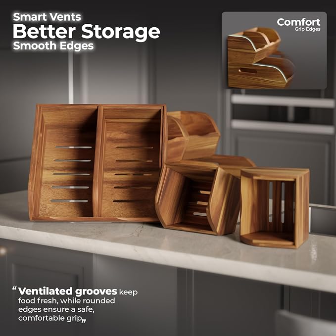 Acacia Wood Pantry Storage Bins - Stackable Open Front Kitchen Baskets for Potato, Onion, Fruit, Vegetable, and Bread Storage, Wood Organizer for Pantry (Warm Acacia) - Image 5
