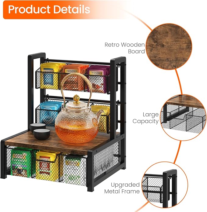 Tea Bag Organizer, 3 Tier Tea Storage Container Box, Rustic Brown | Wood Tea Station Caddy, Teabag Holder Stand with Drawer Basket, Large Tea Chest Display Rack for Countertop Cabinet Office - Image 5