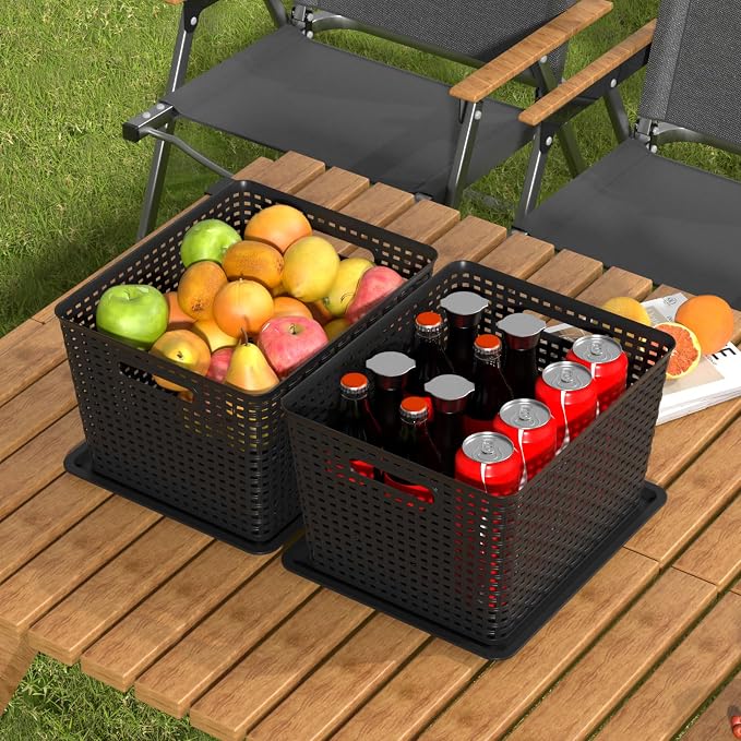 Plastic Organizing Basket with Lid, Woven Storage Basket Set of 6 | Black, Stackable - Image 6