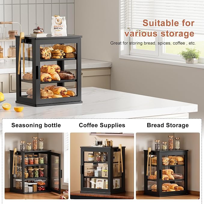 WOWLIVE Bread Box for Kitchen Countertop, 3 Layers Bread Storage Container | Large Bamboo Bread Bin for Homemade Bread with Window, Farmhouse Breadbox Organizer for Kitchen, Cabinet, Black, Meduim - Image 6