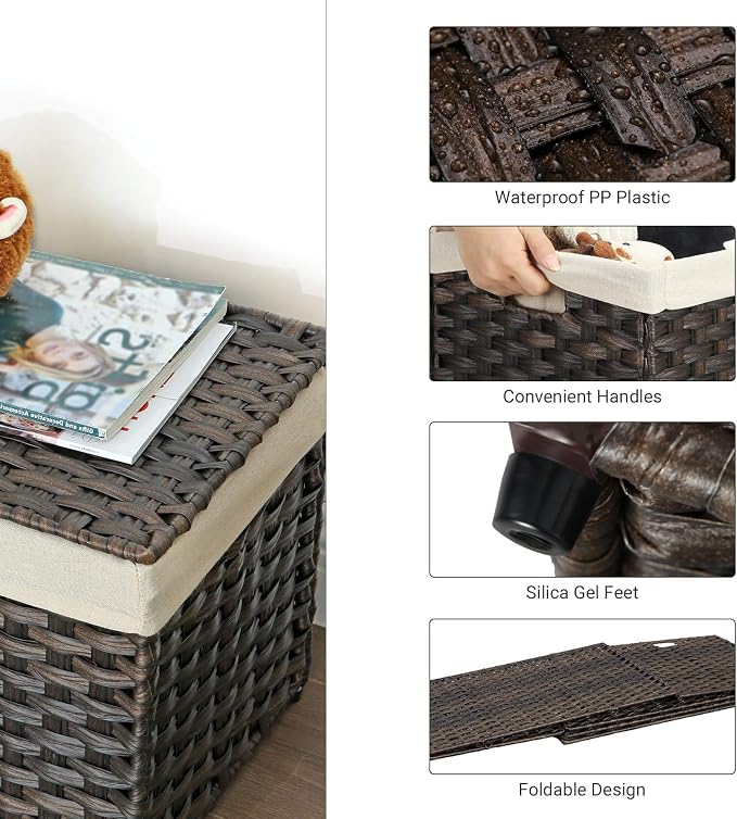 SONGMICS Storage Basket with Lid, Woven Blanket Storage Bin with Handles, Foldable, Removable Liner, Metal Frame, for Bedroom, Laundry Room, 17.2 Gallons (65 L), Brown URST56BR - Image 6