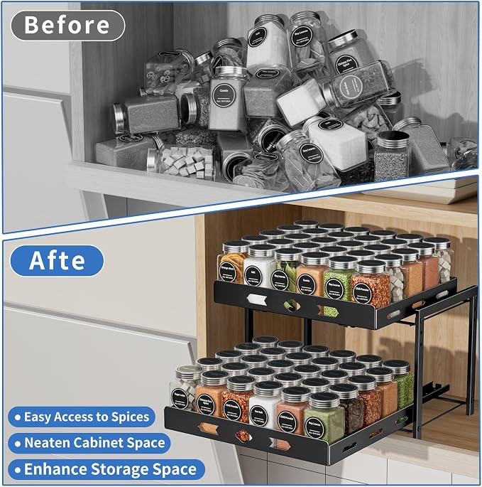 BOIVSHI Spice Organization for Cabinet, 14.1" Wx10.8 Dx9.2 H | 2 Tier Pull Out Spice Rack for Cabinet Space-saving, Vertical Spice Rack Height Adjustable, Metal Kitchen Spice Rack Cabinet - Image 2