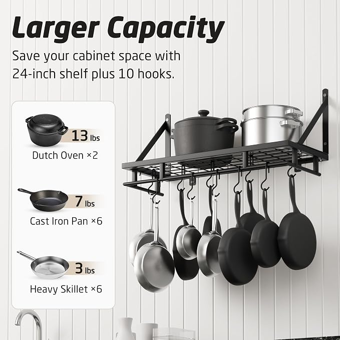 KES 24 Inch Kitchen Pot Pan Rack Wall Mounted, 10 Hooks, Matte Black | 88lbs Load Capacity, Heavy Duty, Cast Iron Pots and Pans Organizer, Hanging Storage, Wall Shelf, Space Saving, KUR215S60-BK - Image 2
