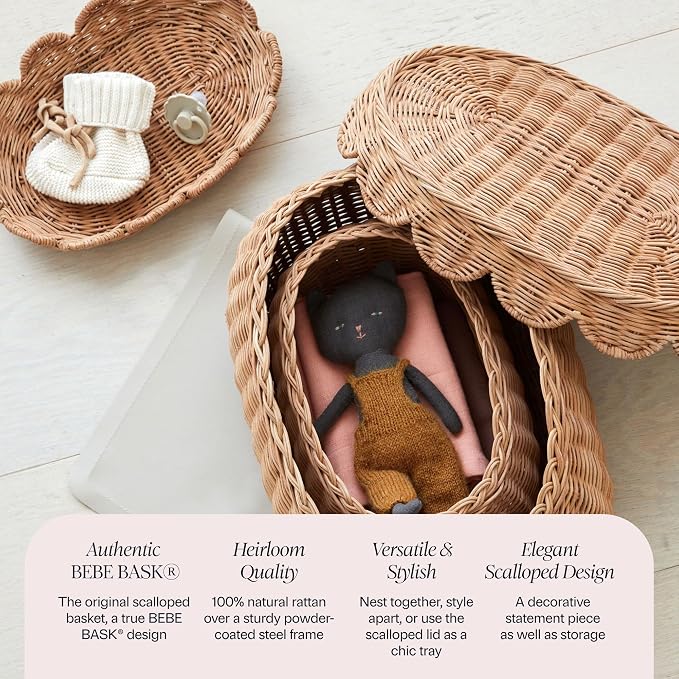 BEBE BASK The Original Scalloped Basket with Lid - Set of 2 (15x11x6 In) | Handwoven & Award Winner, Sustainable Rattan, Wicker Basket With Scalloped Edge Lid, Nursery Storage, Scallop Basket, Mocca - Image 5