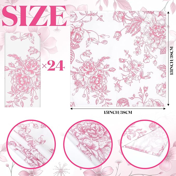 24 Pcs Floral Cloth Napkins 6 Patterns Washable Dinner Tea Party Napkins Reusable Plant Flowers Square Napkin Cotton Towel Decorative for Summer Wildflower Party(Pink Floral) - Image 6