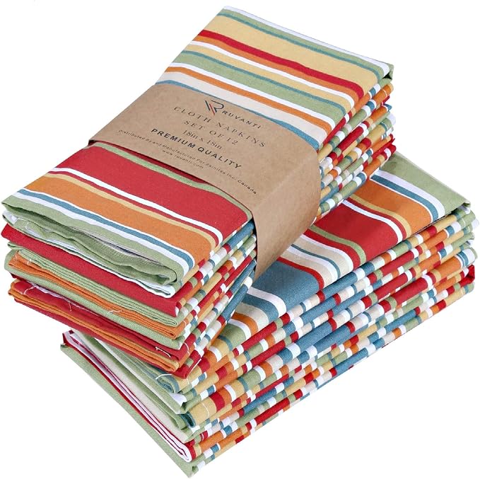 Ruvanti Cloth Napkins Set of 12 Cotton 100%, 20x20 Inches Napkins Cloth Washable, Soft, Absorbent, Cotton Napkin for Parties, Christmas, Thanksgiving, Weddings, Dinner NapkinsCloth - Multi Strip by Ruvanti
