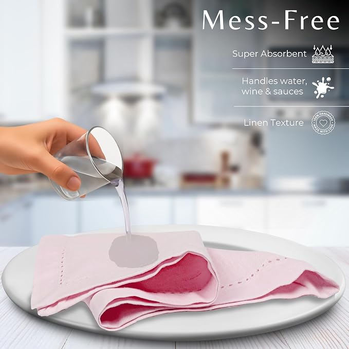 Ramanta Home Pink Cloth Napkins Set of 12-18x18 Inches | Washable Cotton Linen Flax Hemstitched Napkins for Everyday Use - Image 8