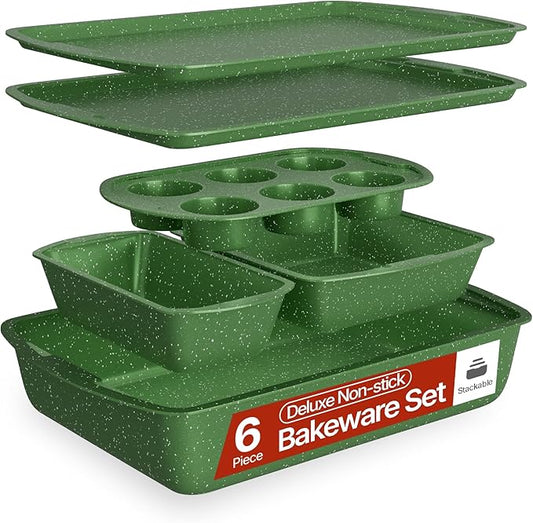 BAKKEN Kitchen Baking Pan Set - Nonstick Green Marble Coating, Commercial Grade Carbon Steel Bakeware Sets, Baking Kitchen Essentials, PFOA, PFOS, PTFE Free, Oven Safe Tray (Up To 450° F), Set of 6 by Unknown