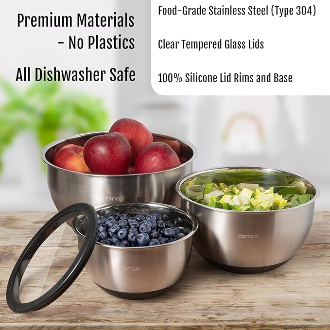 Premium Quality Stainless Steel Mixing Bowls with Lids, 3-Piece Set, Dishwasher-Safe Clear Glass Lids, No Plastics - Image 5