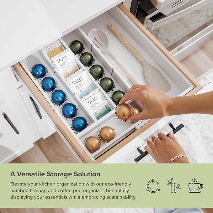 Tea Bag & Coffee Pod Organizer, 9.7-17 in, White Bamboo | 10 storage compartments, adjustable wall inserts, non-slip feet, food-safe - Image 5